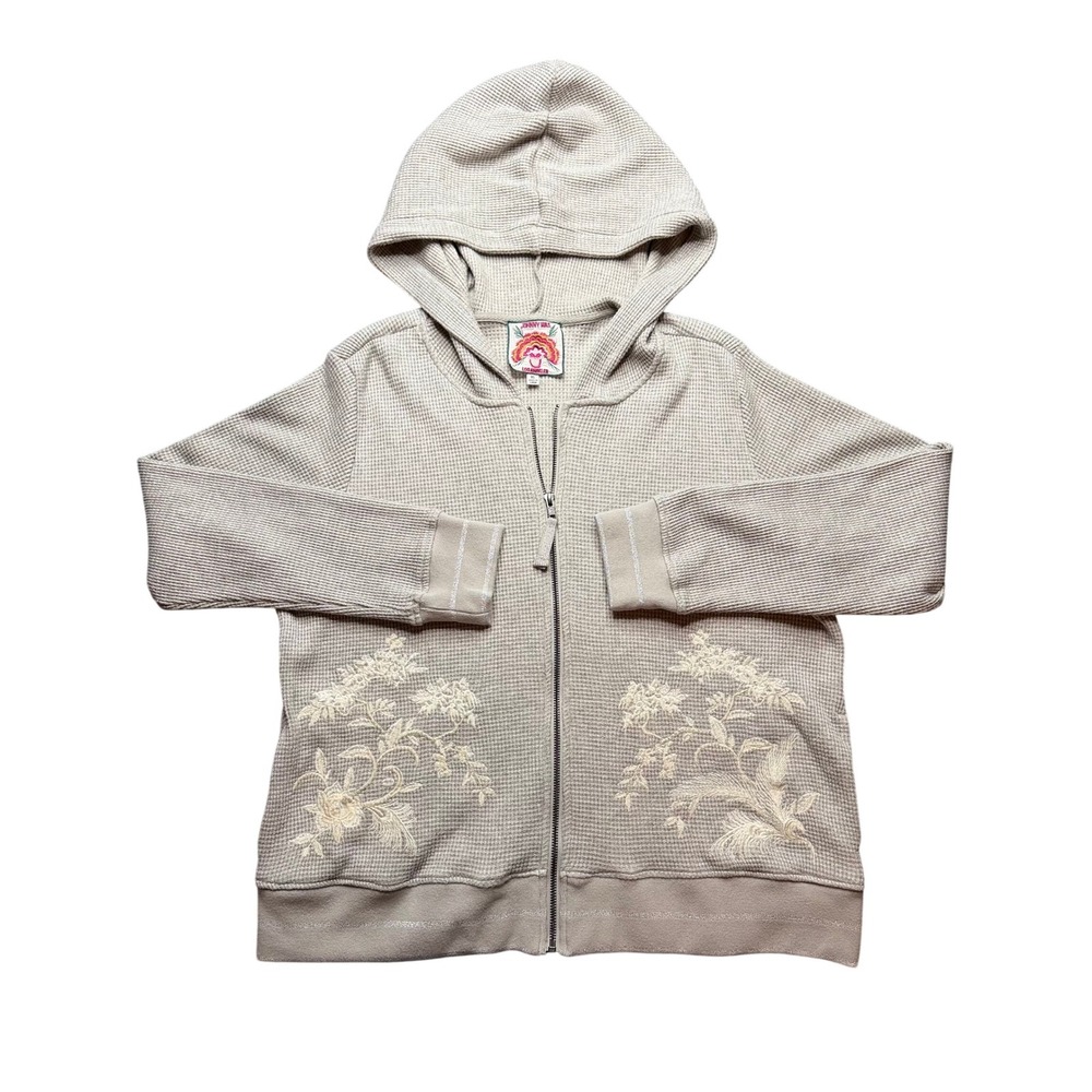 Johnny Was Metallic Waffle Knit Embroidered Full Zip Thermal Hoodie Boho Silver
